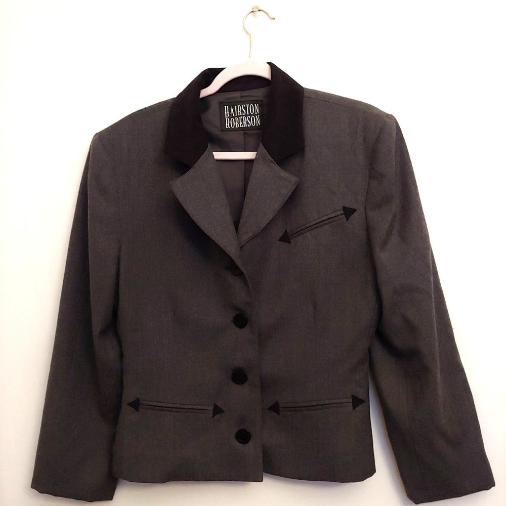Hairston Roberson vintage womens wool gray and black button blazer